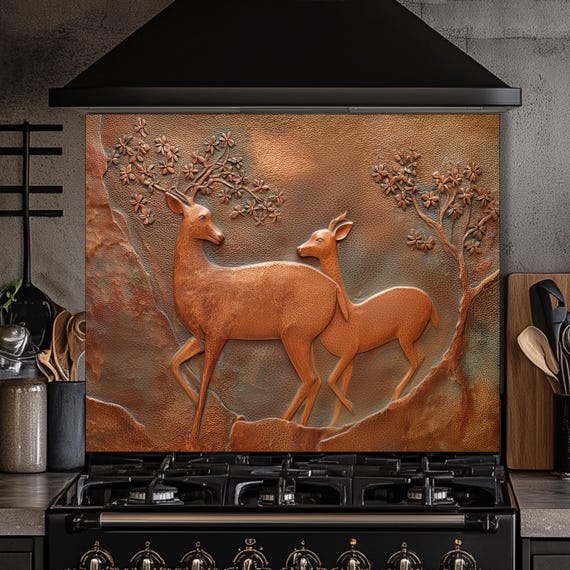 Copper Look Deer Backsplash: Tempered Glass Kitchen Stove Panel