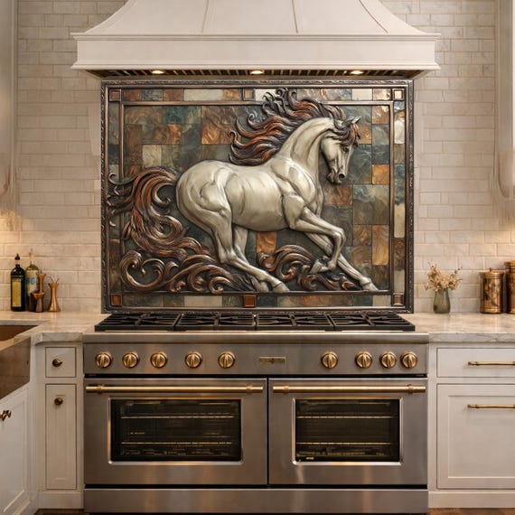 Majestic Stallion Tempered Glass Backsplash, Copper Look Galloping Horse Wall Panel, Custom Size