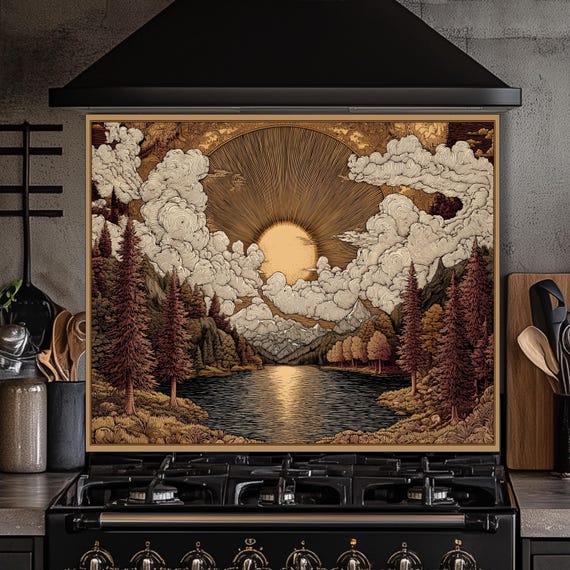 Tempered Glass Kitchen Backsplash: Mountain Sunrise Landscape, Heat-Resistant