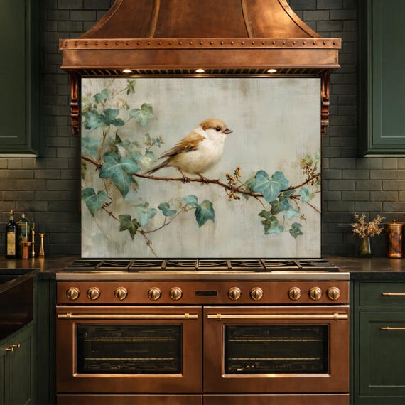 Sparrow Kitchen Backsplash, Vintage Oil Painting Glass Panel, Stove Splashback, Nature Inspired Decor