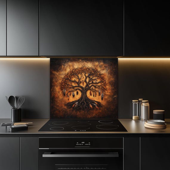 Boho Tree of Life Tempered Glass Kitchen Backsplash