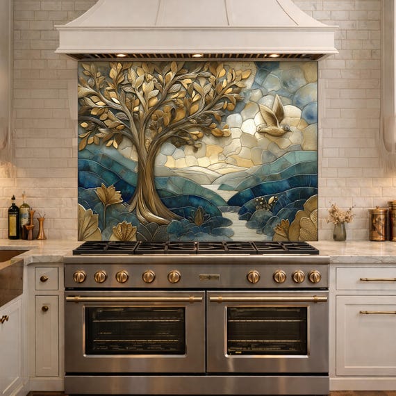 Golden Tree Bird Glass Backsplash Blue Nature Kitchen Wall Decor Pane