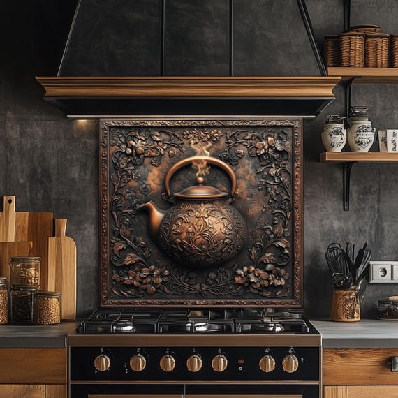 Vintage Teapot Tempered Glass Kitchen Backsplash: Rustic Floral Frame
