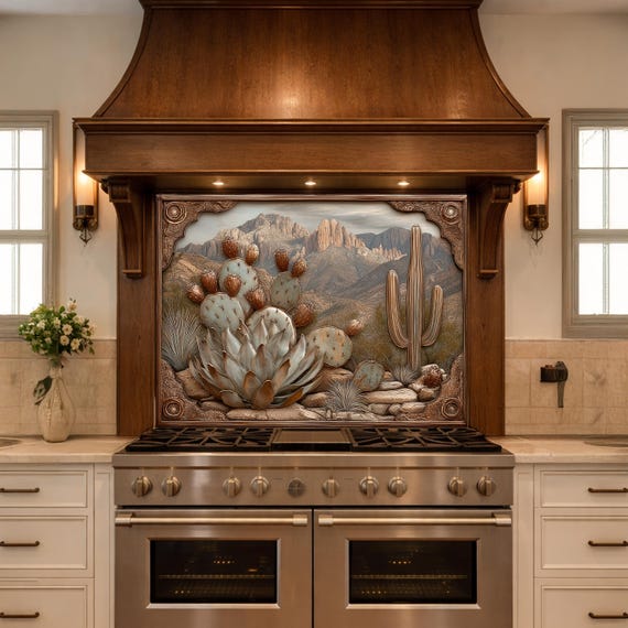 Desert Wilderness Tempered Glass Backsplash, Copper Look Cactus Mountain Wall Panel, Custom Size