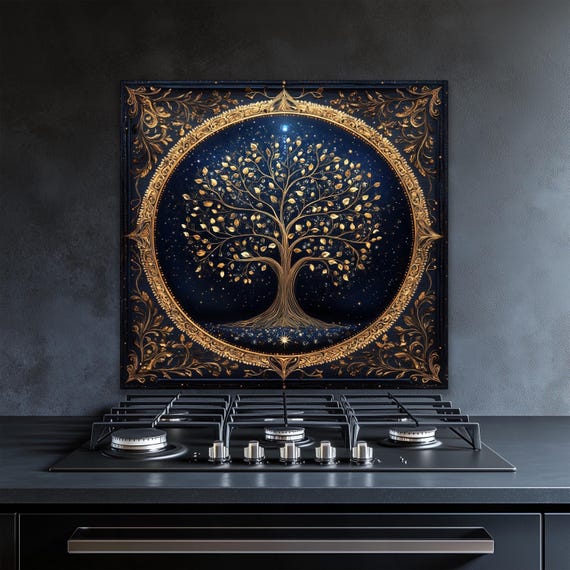 Gold Tree of Life Tempered Glass Kitchen Backsplash: Ornate Blue & Gold Art
