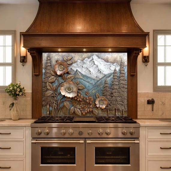 Alpine Peak Forest Backsplash, Copper Look Mountain and Flower Wall Panel, Custom Size