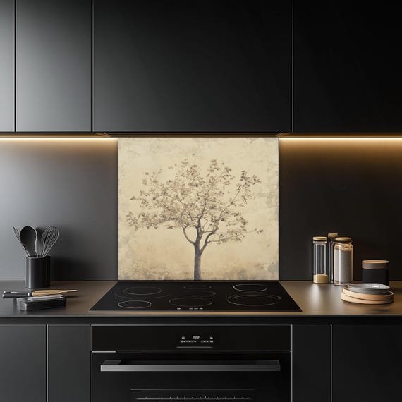 Tempered Glass Kitchen Backsplash: Minimalist Vintage Tree Design