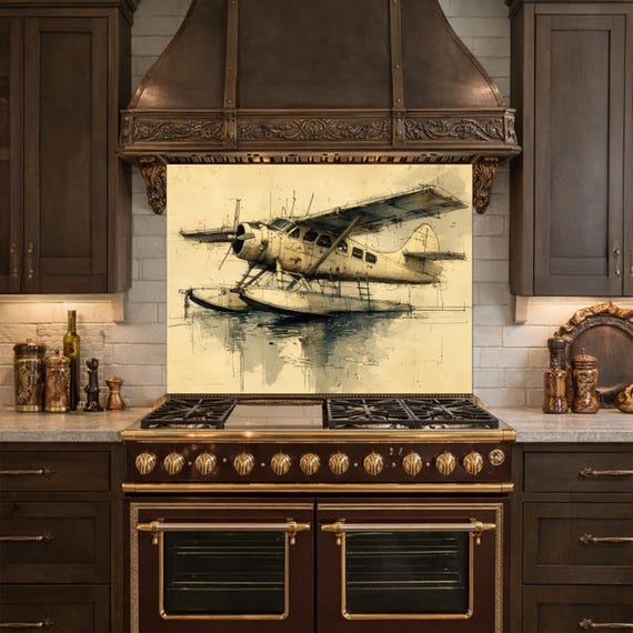 Vintage Seaplane Glass Backsplash, Kitchen Wall Panel, Tempered Glass Art, Retro Aviation Decor