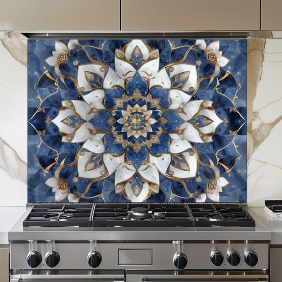 Moroccan Style Tempered Glass Stove Backsplash, Artistic Kitchen Panel, Custom Size Design