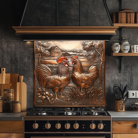 Roosters Tempered Glass Backsplash: Rustic Farmhouse Kitchen Decor