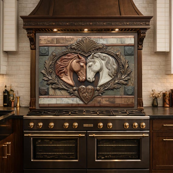 Loving Horses Tempered Glass Backsplash, Copper Look Equine Heart Wall Panel, Custom Size