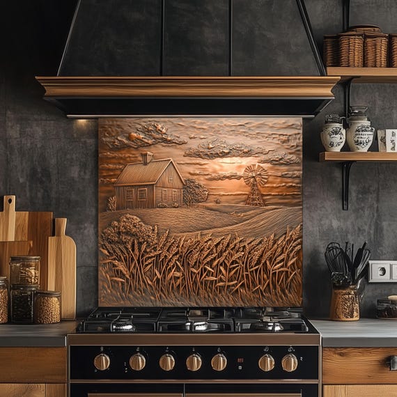 Copper Embossed Kitchen Backsplash: Farmhouse Windmill Tempered Glass