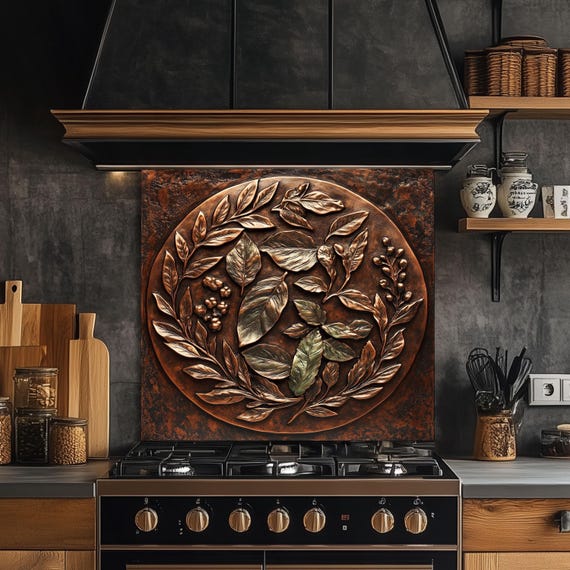 Copper Leaf Wreath Kitchen Backsplash, UV Printed Tempered Glass Art, Custom Size Design