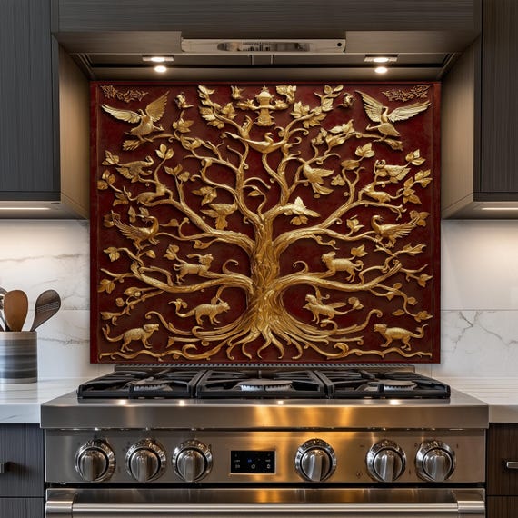 Gold Tree of Life Tempered Glass Kitchen Backsplash: Red & Gold Stove Wall Decor