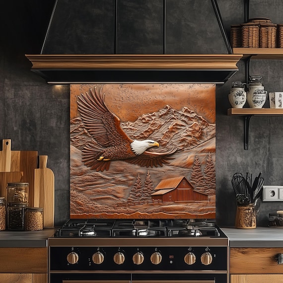 Copper Eagle Tempered Glass Kitchen Backsplash: Rustic Farmhouse Decor