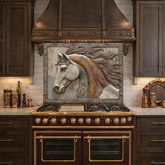 Noble Stallion Tempered Glass Backsplash, Copper Look Horse Portrait Wall Panel, Custom Size