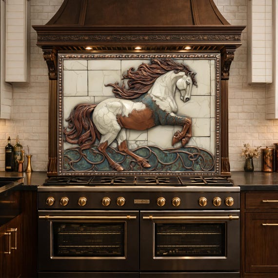 Galloping Horse Tempered Glass Backsplash, Copper Look Stallion Wall Panel, Custom Size