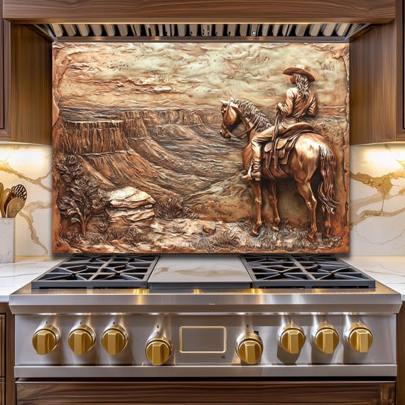 Cowboy Western Kitchen Backsplash, Copper Look Tempered Glass Art, Custom Size Design