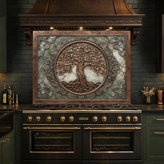 Ornate Tree of Life Tempered Glass Backsplash, Copper Relief Look Wall Panel, Stove Guard