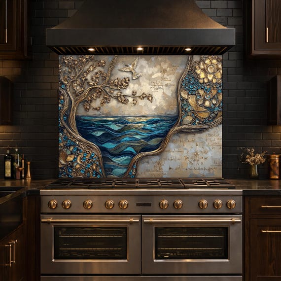 Tree and Ocean Wave Glass Kitchen Backsplash Panel, Blue Gold Wall Art Decor