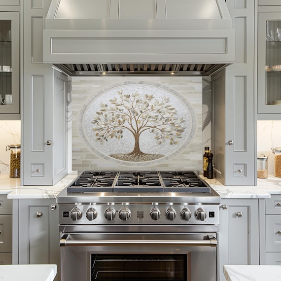 Glass Backsplash for Kitchen, Easy Clean Tempered Glass Panel, Tree of Life Marble Mosaic