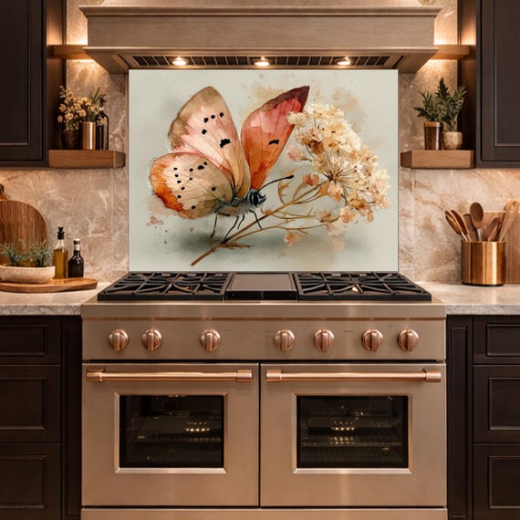 Butterfly Floral Glass Backsplash, Kitchen Wall Panel, Tempered Glass Art, Modern Nature Decor