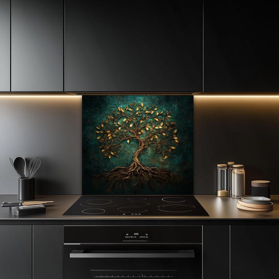 Gold Leaf Tree of Life Tempered Glass Backsplash, Luxury Kitchen Art, Custom Size Design