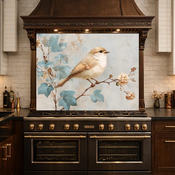 Sparrow Kitchen Backsplash, Textured Oil Painting Glass Panel, Stove Splashback, Nature Inspired Decor