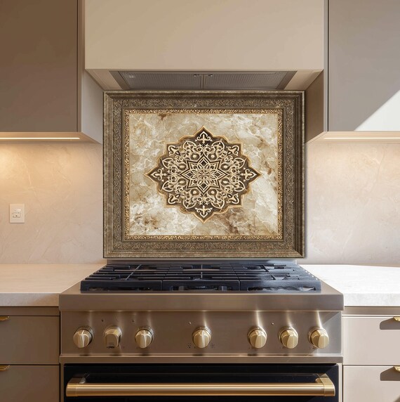 Royal Gold Medallion Backsplash, Brown Marble Stove Guard, Custom Size Glass Art