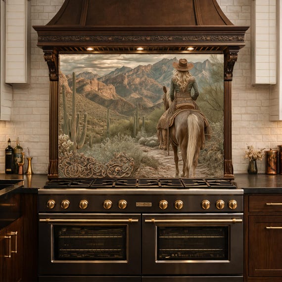 Western Cowgirl & Mountain Vista Tempered Glass Backsplash, Copper Relief Look Wall Panel, Stove Guard