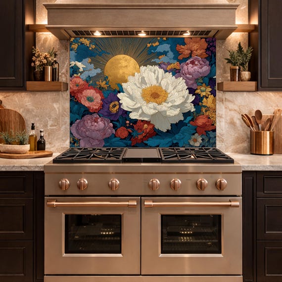 Moonlit Peony Garden Tempered Glass Backsplash, Floral Bouquet with Roses Wall Panel, Custom Size