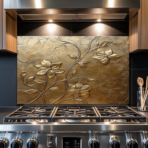 Copper Floral Tempered Glass Backsplash: Rustic Kitchen Decor