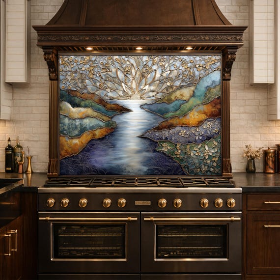 Abstract Landscape Kitchen Panel, Tempered Glass Wall Decor, Blue Gold Mosaic Splashback