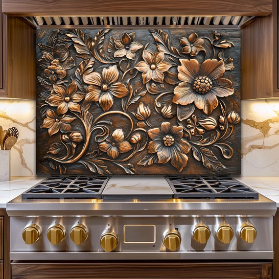 Ornate Floral Tempered Glass Backsplash: Rustic Kitchen Decor