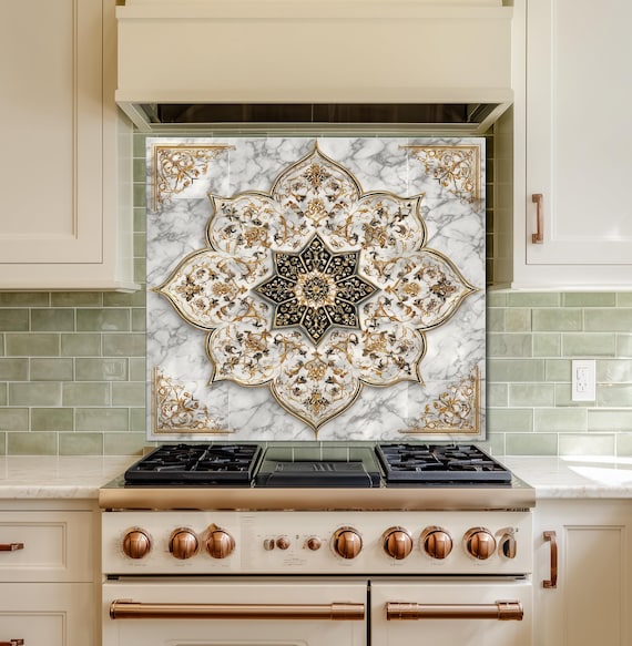 Royal Gold Star Backsplash, White Marble Stove Guard, Custom Size Glass Art