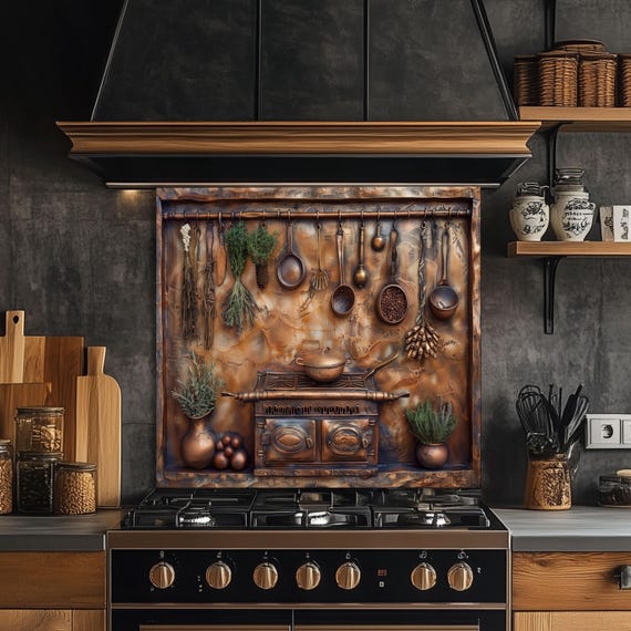 Rustic Copper Mountain Glass Backsplash, Nature Landscape Stove Guard, Heat Resistant Easy Clean Art