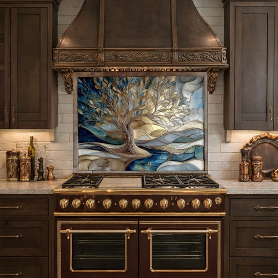 Tree of Life Glass Backsplash Blue Gold Landscape Kitchen Wall Decor Panel