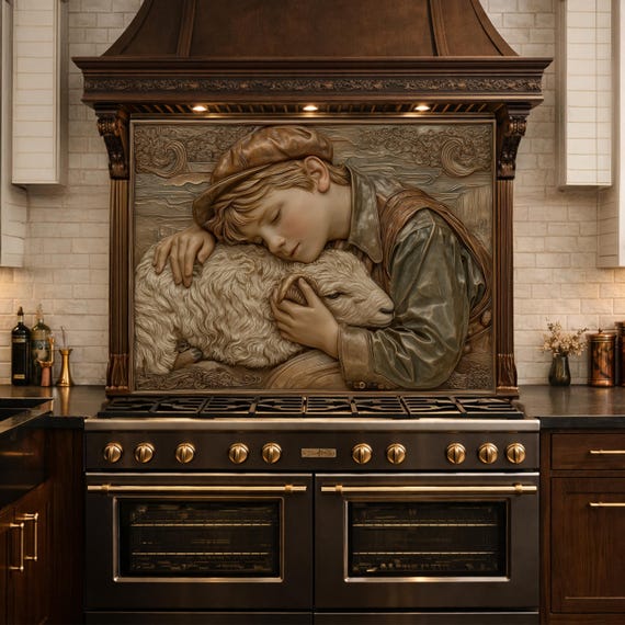 Shepherd Boy Tempered Glass Backsplash, Rustic Farm Art Panel, Lamb Shepherd Kitchen Wall Decor — tempered glass kitchen backsplash