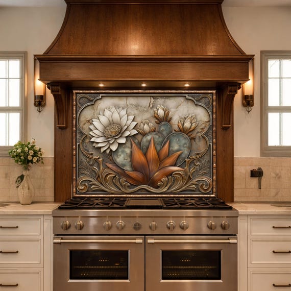 Desert Bloom Tempered Glass Backsplash, Copper Look Cactus Floral Wall Panel, Custom Size