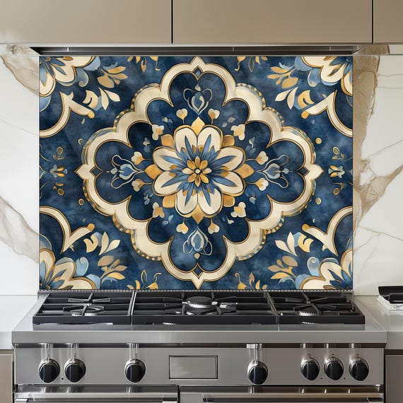 Moroccan Style Glass Backsplash, Geometric Tile Stove Guard, Heat Resistant Easy Clean Kitchen Art