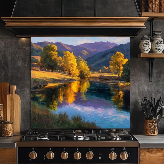 Golden Meadow Lake Tempered Glass Backsplash - Autumn Landscape Kitchen Wall Panel
