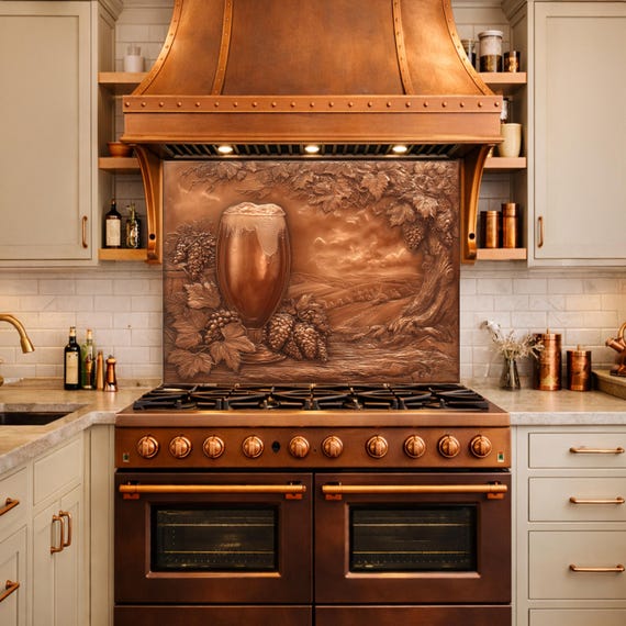 Vineyard Harvest Tempered Glass Backsplash, Copper Look Vineyard Grape Wall Panel, Custom Size
