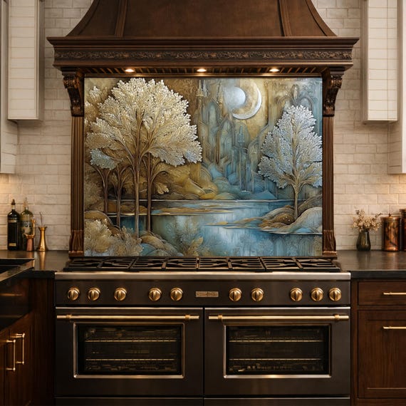 Tree of Life Kitchen Backsplash, Glass Panel Behind Stove, Fantasy Forest Wall Decor