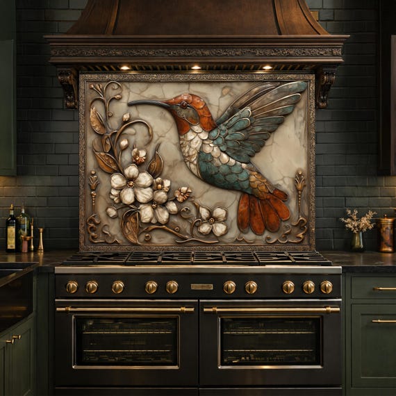 Colorful Hummingbird Tempered Glass Backsplash, Copper Look Floral Bird Wall Panel, Custom Size