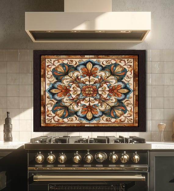 Ornate Amber Mandala Glass Backsplash, Floral Stained Glass Stove Panel, Custom Size Art
