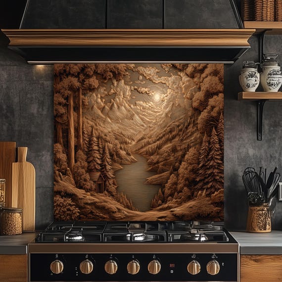 Sepia Mountain Landscape Kitchen Backsplash, UV Printed Tempered Glass Art, Custom Size Design