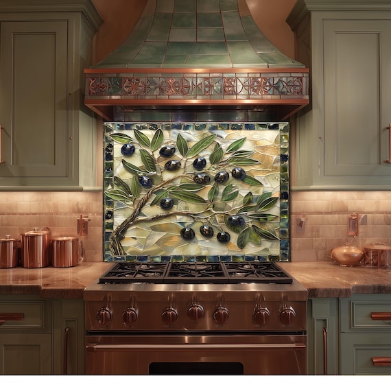 Glass Backsplash for Kitchen, Easy Clean Tempered Glass Panel, Olive Branch Mosaic Tile Design