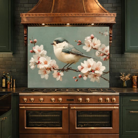 Vintage Bird Glass Backsplash, Kitchen Wall Panel, Tempered Glass Art, Modern Nature Decor