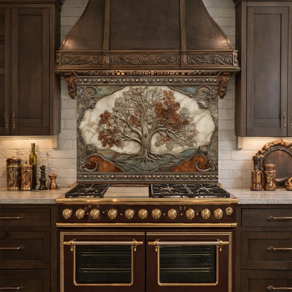 Tree of Life Tempered Glass Backsplash, Copper Embossed Oak Wall Panel, Heat Resistant