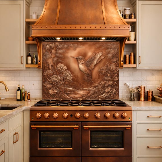 Hummingbird Garden Tempered Glass Backsplash, Copper Look Floral Bird Wall Panel, Custom Size